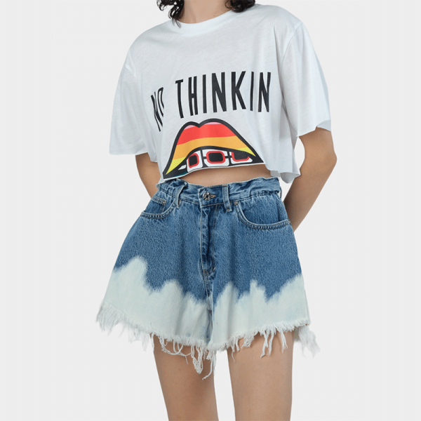 NO THINKIN PENELOPE SUSTAINABLE SUPER HIGH RISE SHORTS BLUE CONTRAST