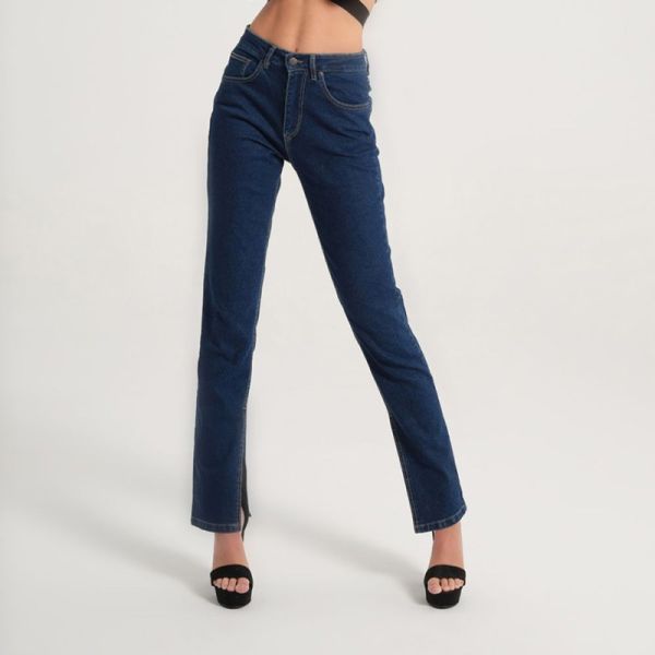 NO THINKIN KENDALL STRAIGHT FIT JEANS HIGH RISE WITH SPLIT HEM  SUSTAINABLE DARK BLUE