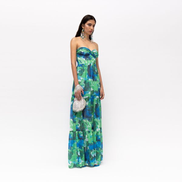 MALLORY THE LABEL YESENIA BLUE FLORAL STRAPLESS DRESS