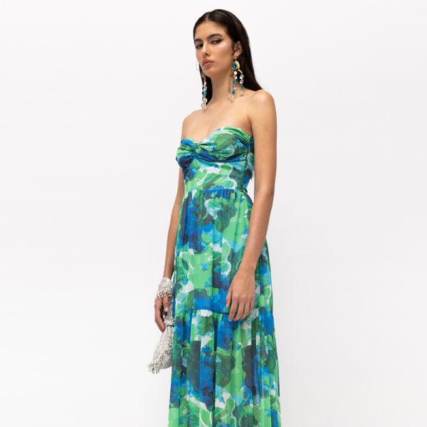 MALLORY THE LABEL YESENIA BLUE FLORAL STRAPLESS DRESS